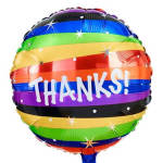 Rainbow striped foil balloon with the word THANKS!