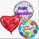Three foil balloons for birthday, anniversary, and love