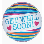 Round foil balloon with "GET WELL SOON!" text and hearts