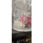 White teddy bear with a pink rose bouquet in a clear gift bag
