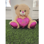 Plush teddy bear holding a pink heart pillow with "Be Mine" text