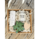 Gift box with candle, skincare serum, succulent plant, and wooden heart on paper filler