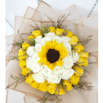Bouquet of yellow and white roses with a sunflower center