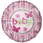 Round pink balloon with "baby" text and butterfly decorations