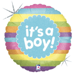 Round foil balloon with rainbow stripes and the words "it's a boy!"