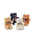 Four teddy bears in tan, black, white, and brown with ribbons