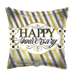 Square foil balloon with "Happy Anniversary" text in gold, black, and white