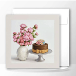 Greeting card with illustration of pink flowers in a white vase beside a cake on a stand.