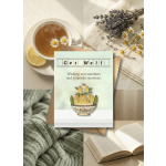 Get well card beside tea, daisies, lavender, and an open book