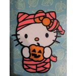 Hello Kitty holding a small pumpkin on a patterned blue background