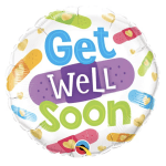Round balloon with "Get Well Soon" text and colorful bandage graphics