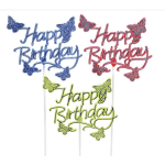 Colorful butterfly birthday cake toppers with "Happy Birthday" text