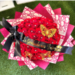 Red rose bouquet with black ribbon and graduation message