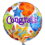Round foil balloon with colorful stars and the words "Congrats!"