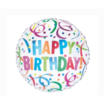 Round birthday balloon with colorful confetti and "Happy Birthday" text