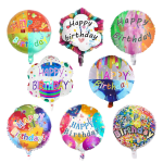 Assorted round birthday balloons with colorful Happy Birthday text