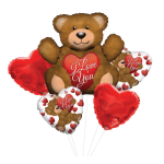 Heart-shaped balloons with a teddy bear and "I Love You" text