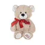 Plush teddy bear with a red ribbon and heart