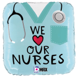 Nurse-themed square foil balloon with stethoscope and "We ♥ Our Nurses" text