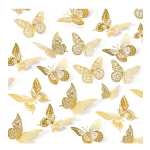 Gold butterfly cutouts scattered on a white background