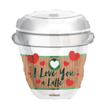 Coffee cup-shaped balloon with "I Love You a Latte" text and red hearts