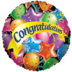 Round congratulations balloon with colorful stars and confetti