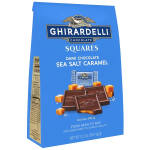 Blue box of Ghirardelli dark chocolate sea salt caramel squares