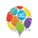 Cluster of colorful birthday balloons with a "Happy Birthday" balloon in the center
