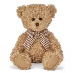 Tan teddy bear with a checkered bow on a white background