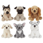 Six plush dog toys arranged in a grid on a white background