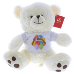 White teddy bear wearing a Happy Birthday shirt