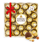 Box of Ferrero Rocher chocolates tied with a red ribbon