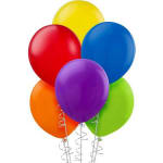 Cluster of colorful balloons with curling ribbons