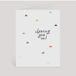 Greeting card reading "cheering you on!" with small colorful triangles