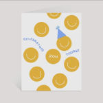 Birthday card with yellow smiley faces and blue text