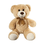 Tan teddy bear with a gold ribbon bow
