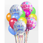 Cluster of colorful balloons with "it's a girl" and "it's a boy" messages