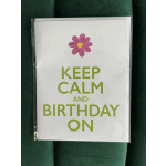 Birthday card with a pink flower and green text