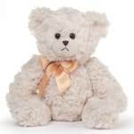 White plush teddy bear with a peach ribbon bow