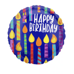 Round birthday balloon with colorful candle graphics and "Happy Birthday" text