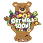 Bear-shaped balloon with colorful flowers and "GET WELL SOON!" text