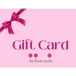 Pink gift card with a ribbon graphic and flower studio logo
