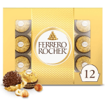Box of Ferrero Rocher chocolates with gold wrappers and hazelnuts