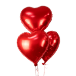 Three red heart-shaped balloons on strings