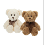 Two plush teddy bears, one white and one brown, with ribbon bows