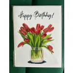 Birthday card with red tulips in a glass vase