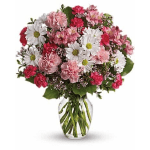 Pink and white mixed flower bouquet with daisies and carnations arranged in a clear glass vase.