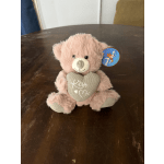 Pink plush teddy bear holding a heart