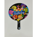 Birthday-themed balloon-shaped sign with colorful graphics