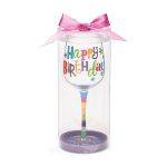 Clear wine glass with colorful Happy Birthday text and a pink bow in a gift tube